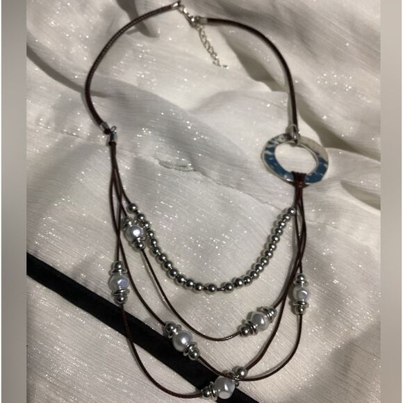 Boho Style Pearl Bead Brown Cord Layered Necklace with Statement Ring Accent - Picture 8 of 16